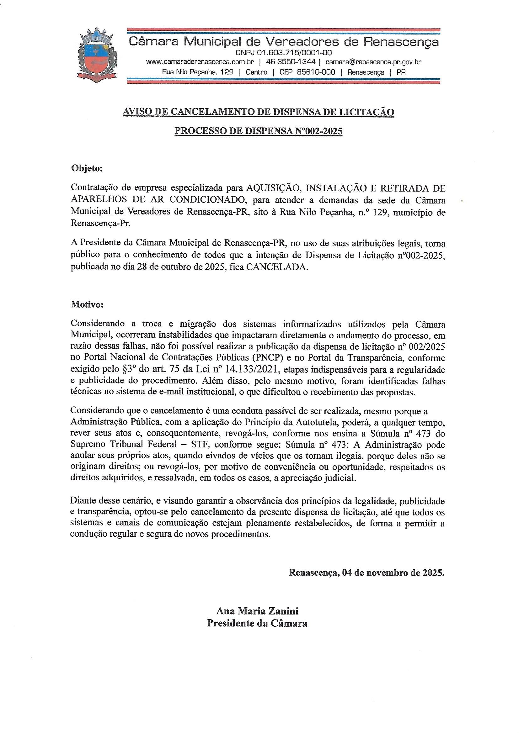 AVISO DE CANCELAMENTO DE DISPENSA DE LICITAÇÃO PROCESSO DE DISPENSA Nº002-2025