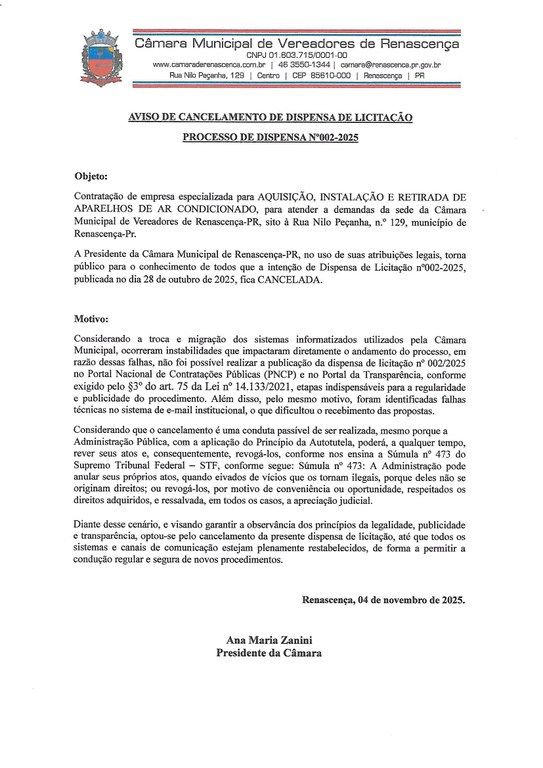 AVISO DE CANCELAMENTO DE DISPENSA DE LICITAÇÃO PROCESSO DE DISPENSA Nº002-2025